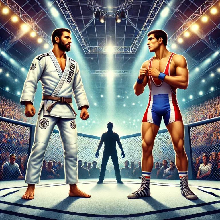 DALL·E 2025-01-24 12.31.26 - A detailed illustration of a mixed martial arts scene with two fighters facing each other in a neutral stance inside a professional MMA octagon. On on