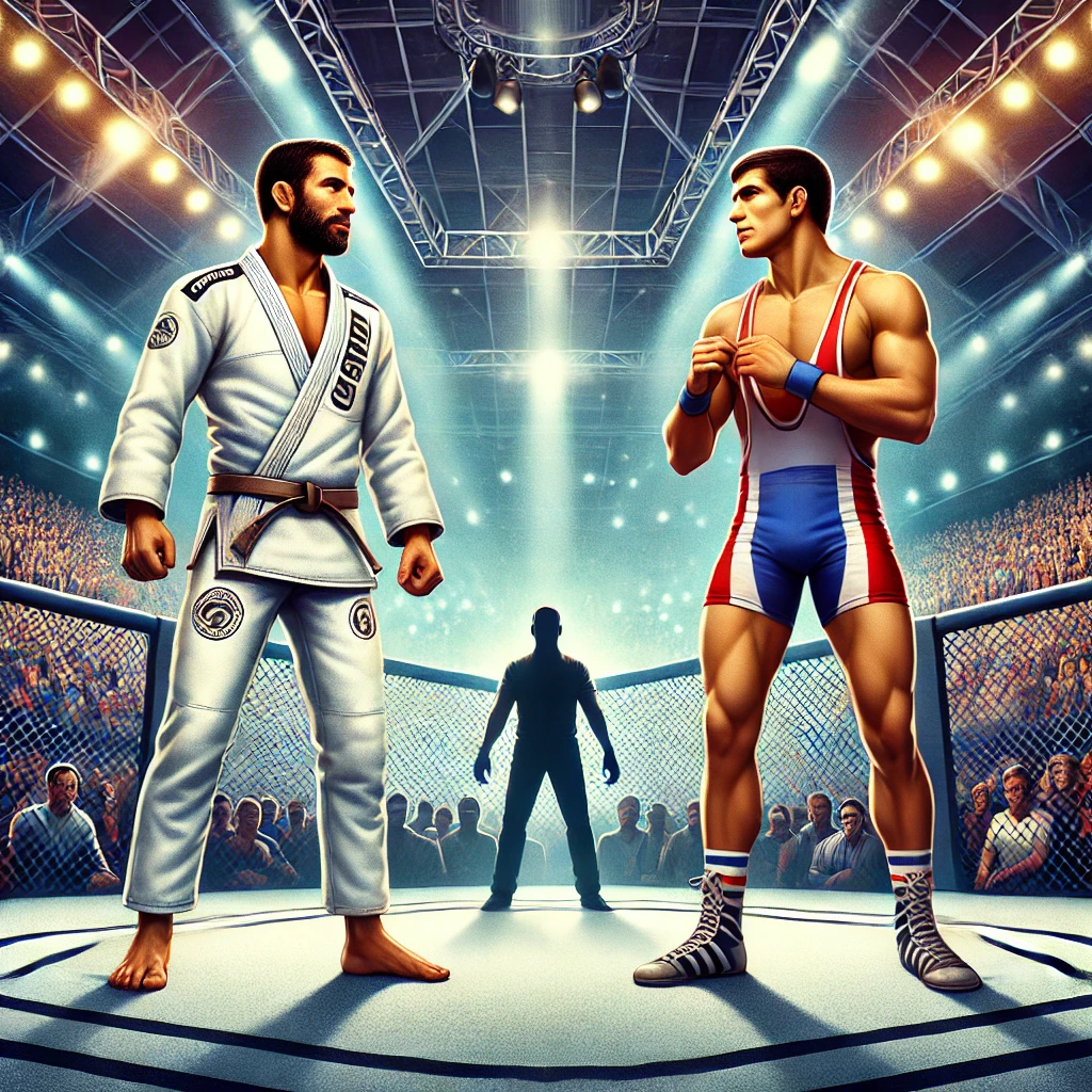 DALL·E 2025-01-24 12.31.26 - A detailed illustration of a mixed martial arts scene with two fighters facing each other in a neutral stance inside a professional MMA octagon. On on